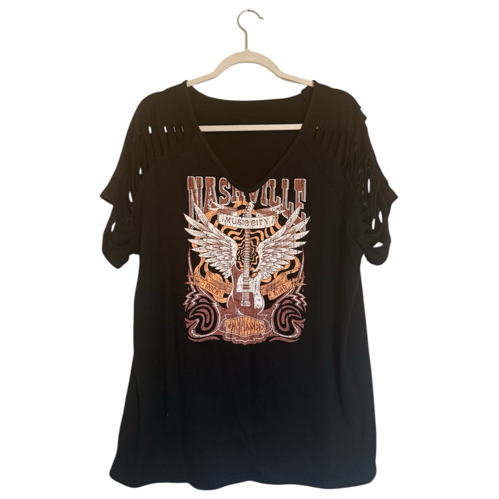 Music City Nashville Graphic Tee - Black Caged Sleeve Top - Size XL